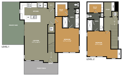 A floor plan of a two-level home with labeled rooms and dimensions.
